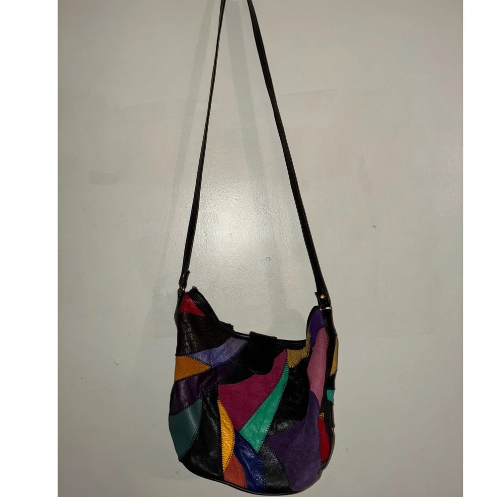 Patchwork Shoulder Bag Women Medium Multi-Color Leather Suede Boho Retro Artsy